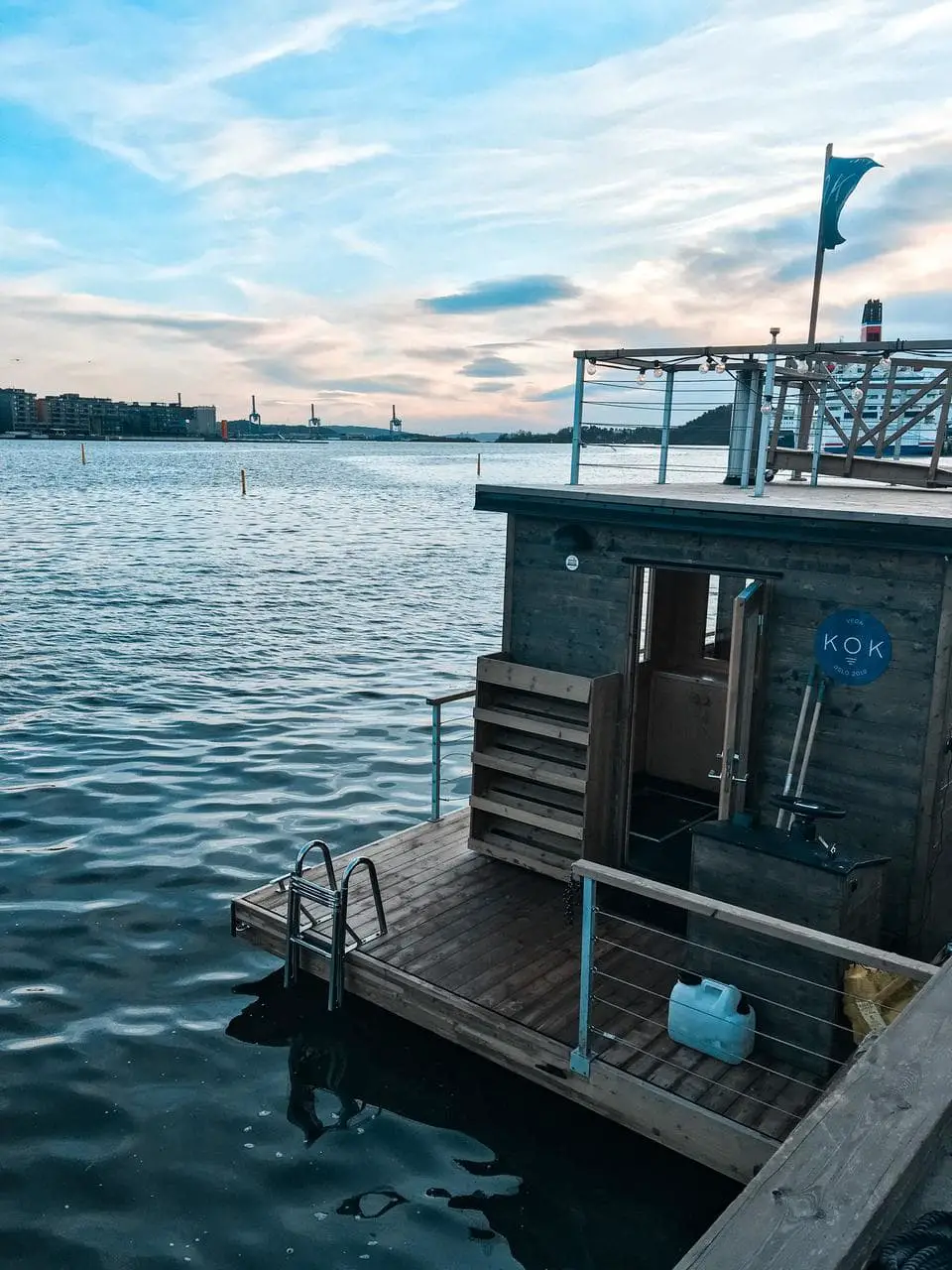 The floating wooden Oslo Fjord Sauna in Oslo Norway