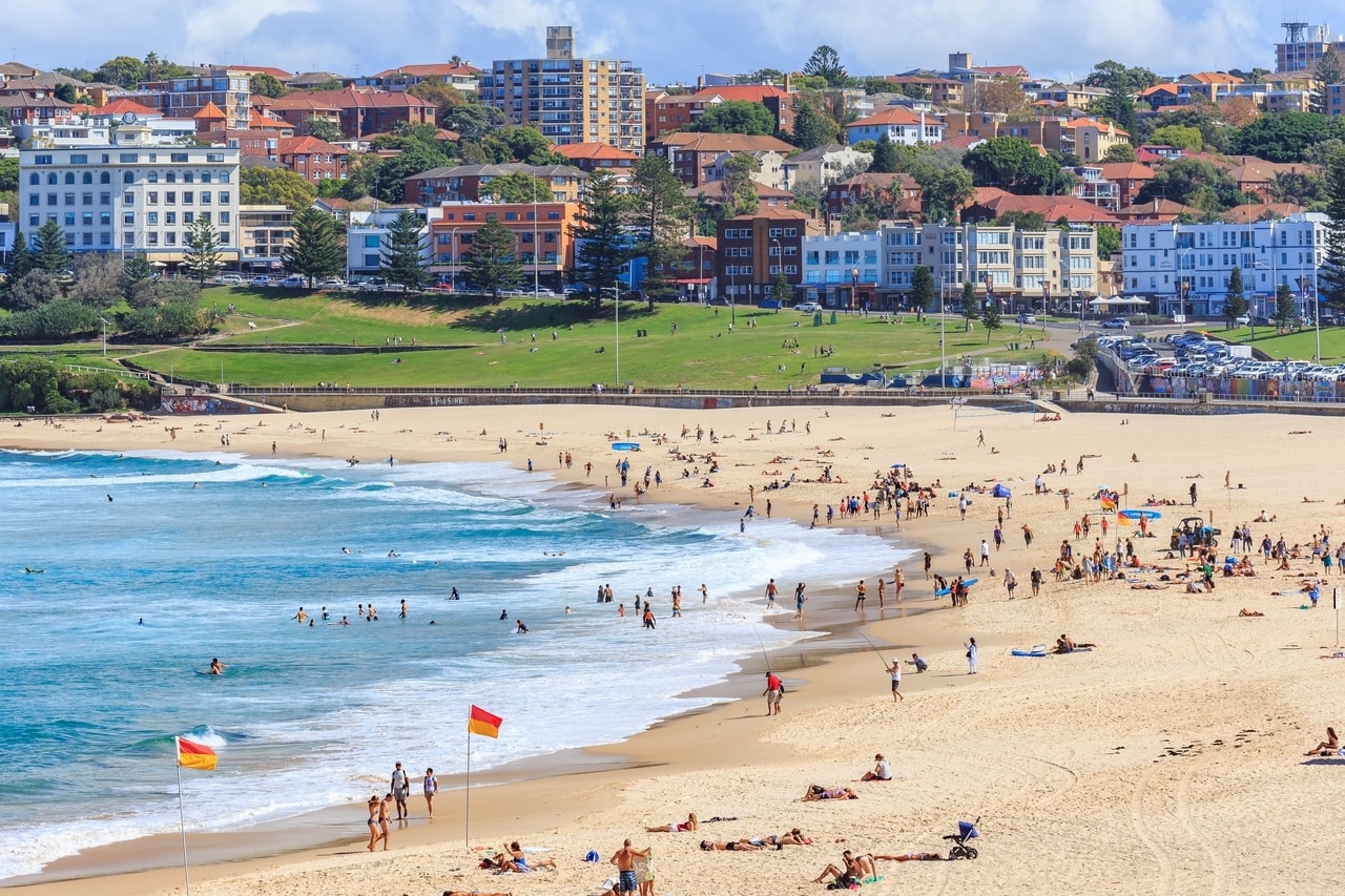 View of People relaxing on the Bondi beach in Sydney, Australia