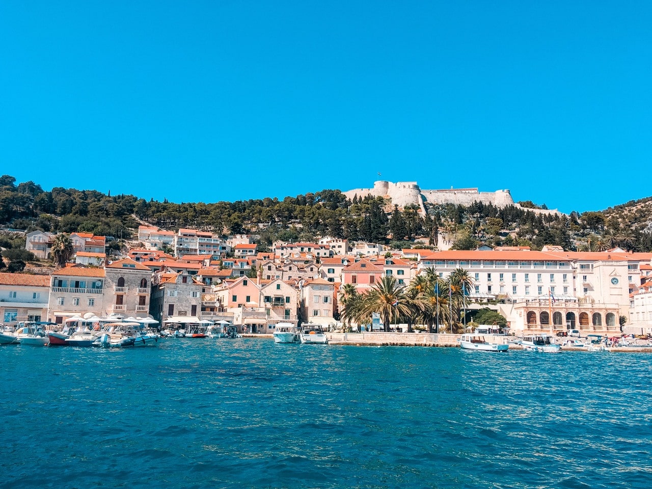 View of Hvar Town during the day from the ferry from Split.