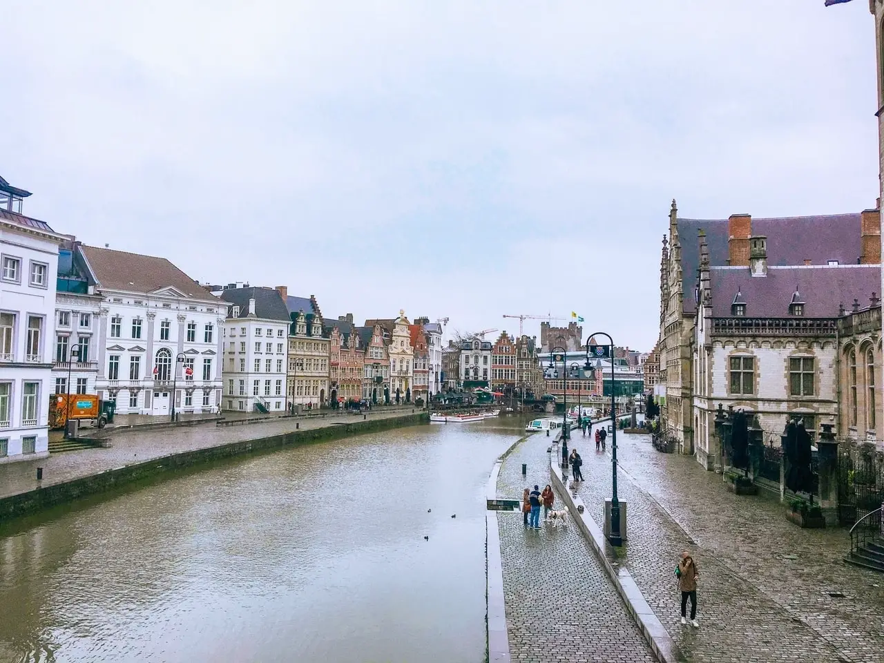 Walking along Graslei during one day in Ghent, Belgium
