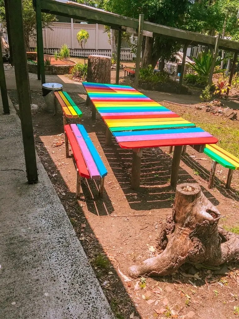 Colourful benches in the Australia hippie town