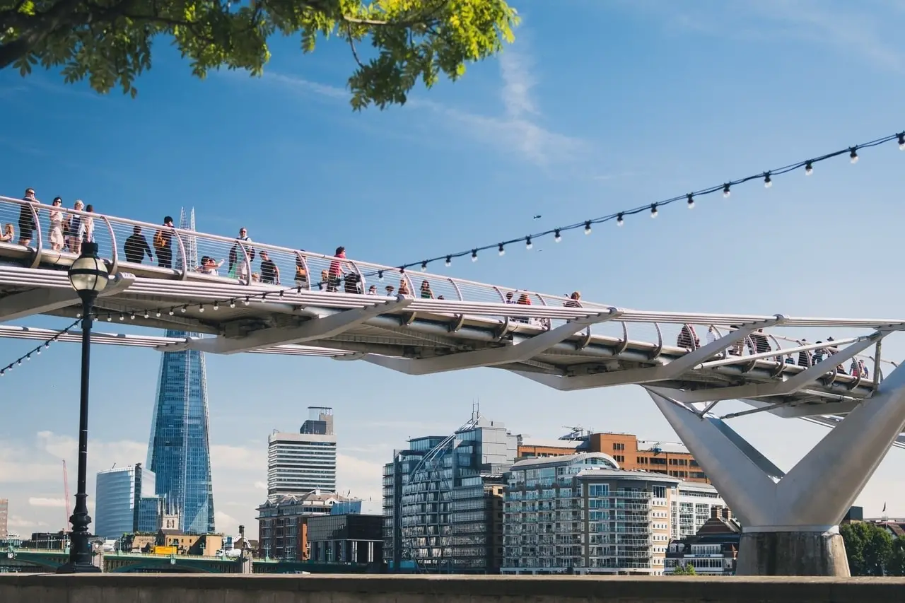 People walking across millennium bridge in summer in London