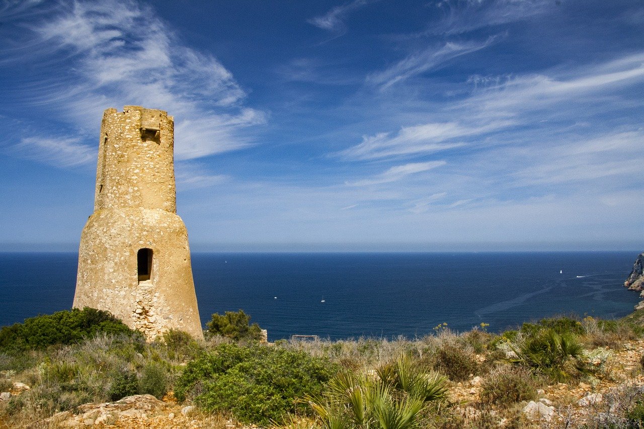 ancient brick structure overlooking the coast in the region of Valencia in Spain.