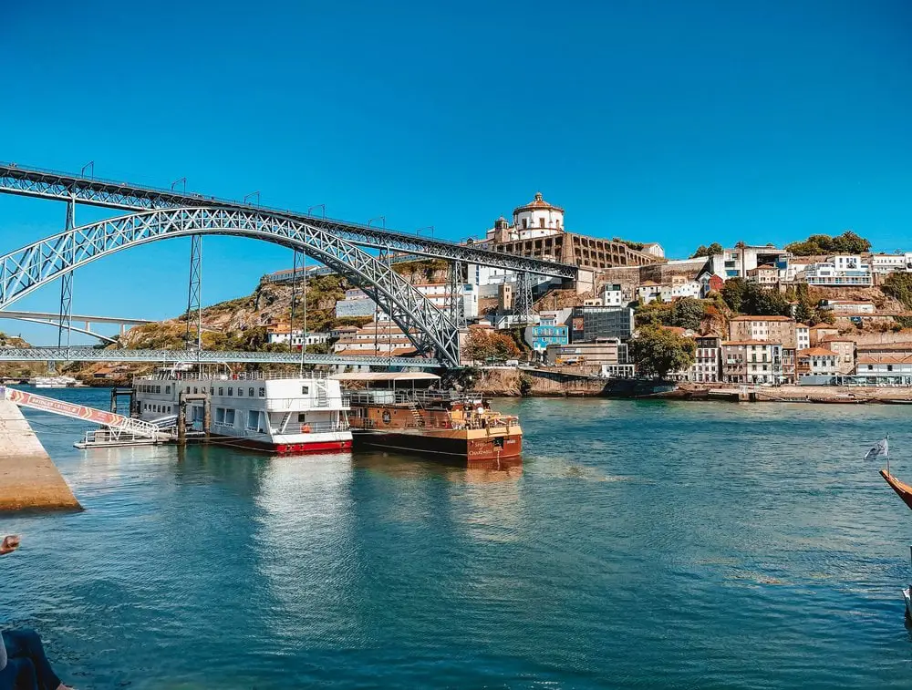 Riverside view from the Ribeira do Porto featuring the famous Porto bridge