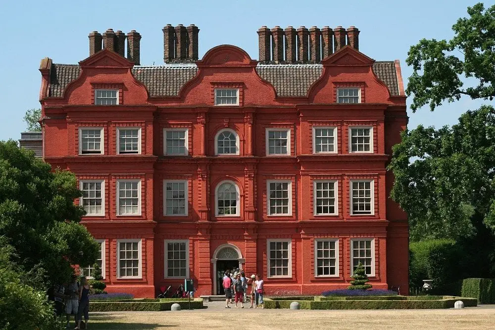 The bright red Kew Palace, which is located inside Kew Gardens. It's the smallest palace in London.