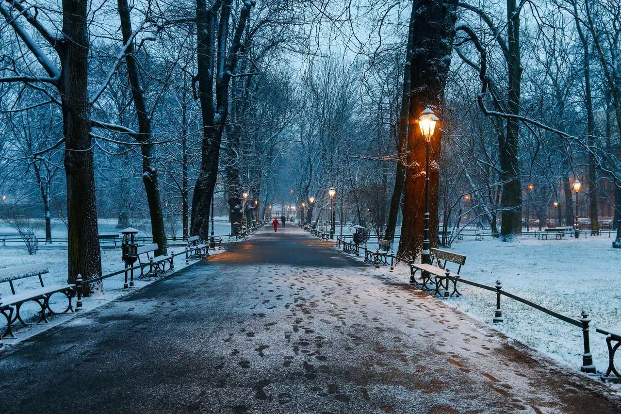 Planty Park in Krakow in winter covered in snow