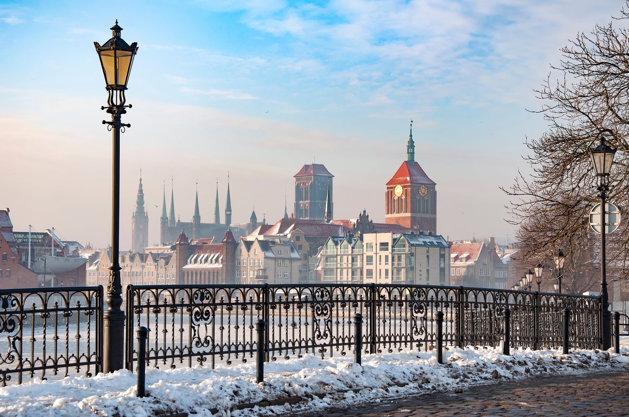 The Old Town of Gdansk Poland in winter covered in snow