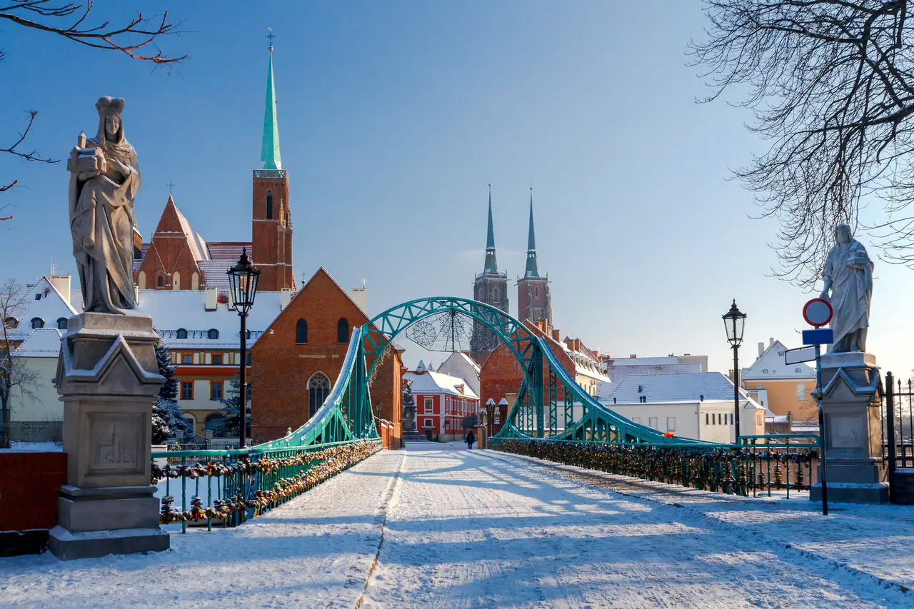 Tumski bridge in Wroclaw Poland in the snow