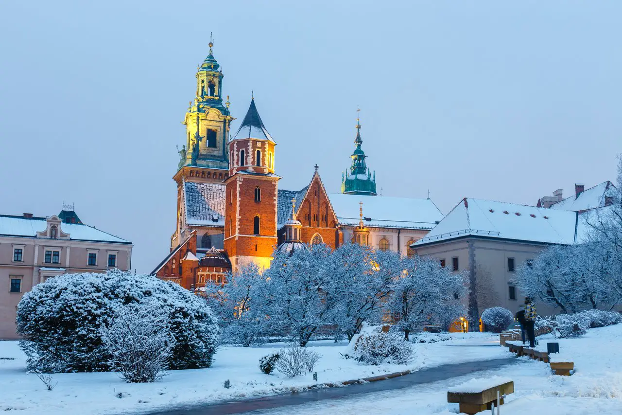 Wawel Castle in Krakow in winter at twilight.