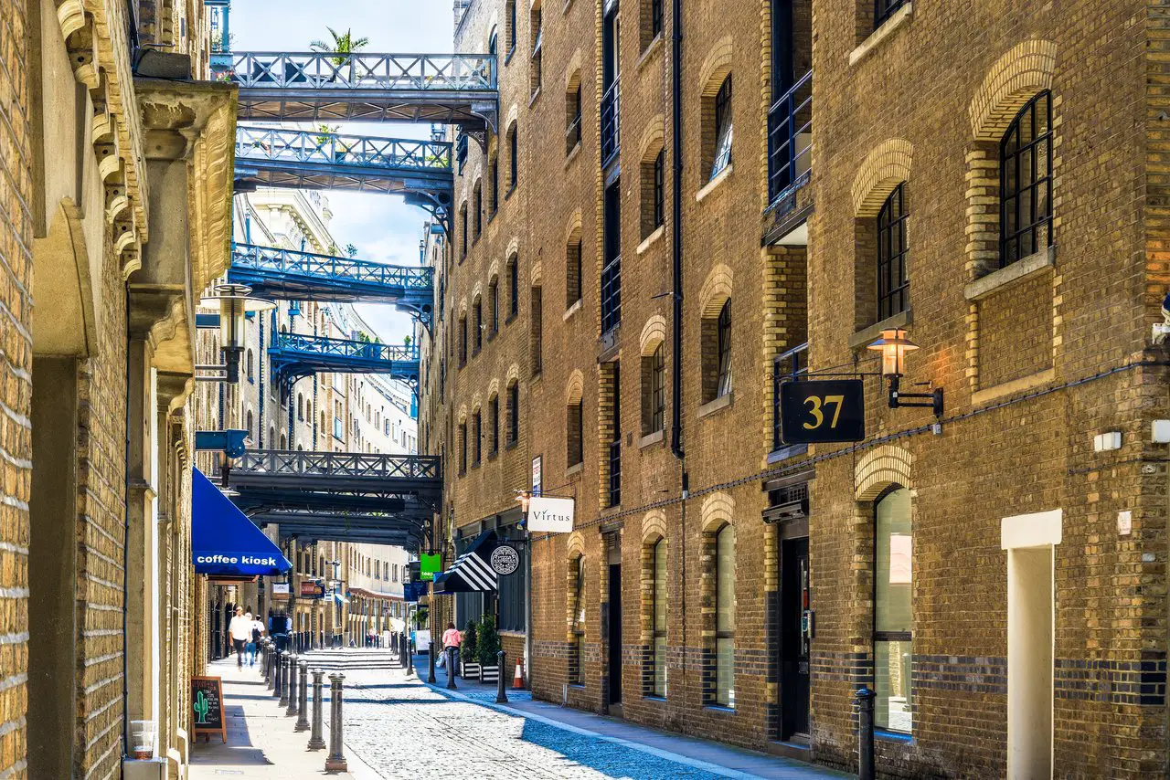 View of backstreets near Tower Bridge and River Thames in Bermondsey, London
