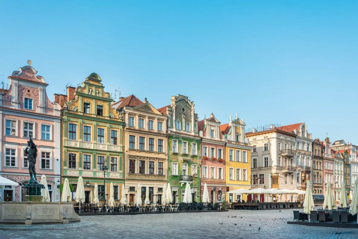 The vibrant facades of Poznan's Old Market Square under a clear sky