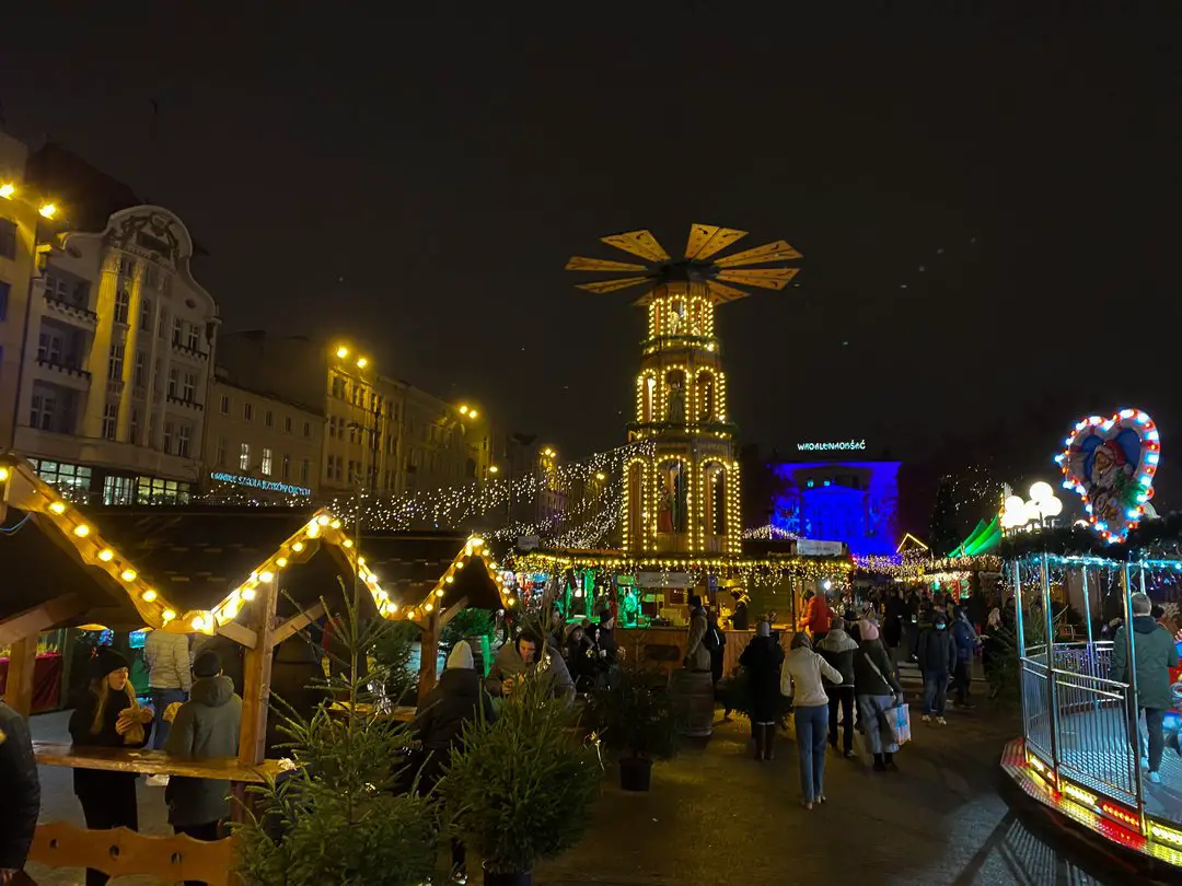 Poznan christmas markets at night time.