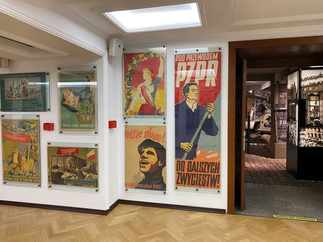 Historic Polish propaganda posters on display at the Poznan Uprising Museum, offering a glimpse into Poznan's past.