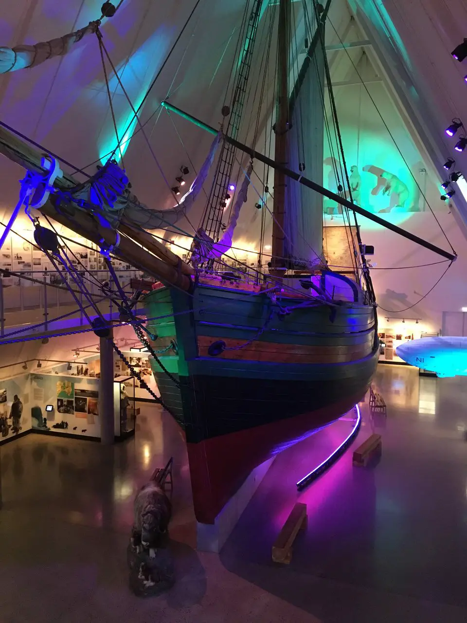 Large ship inside the Fram Museum for Arctic and Antarctic exploration in Oslo Norway
