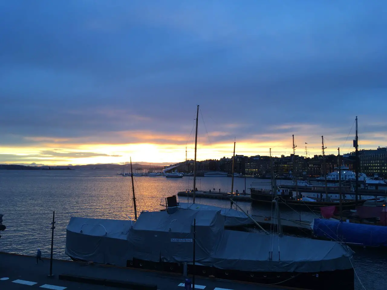 View of the sunset on a February night over the Oslo Fjord in Norway