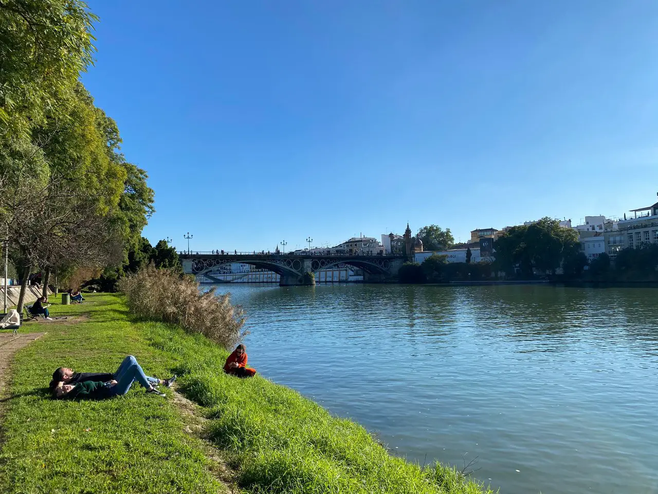 People sunbathing on the banks of the Seville river.
