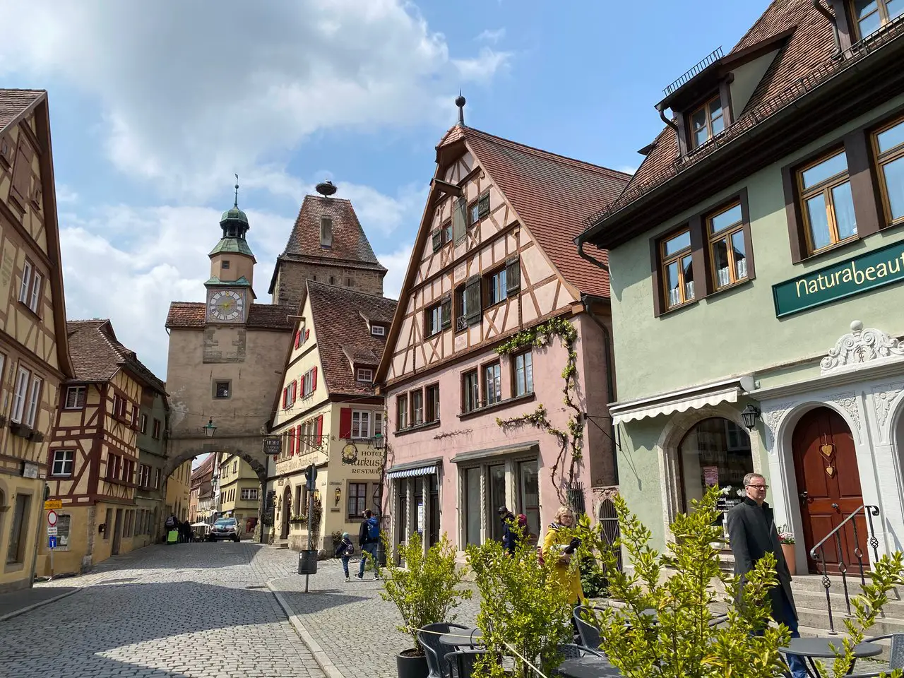 Pastel-coloured buildings with wood timber in Rothenburg ob der Tauber Germany