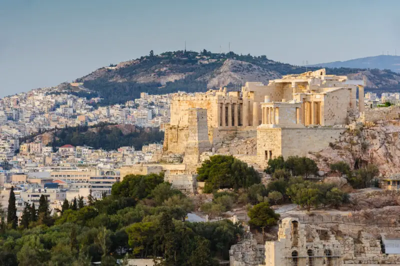 acropolis in rays of sunset
