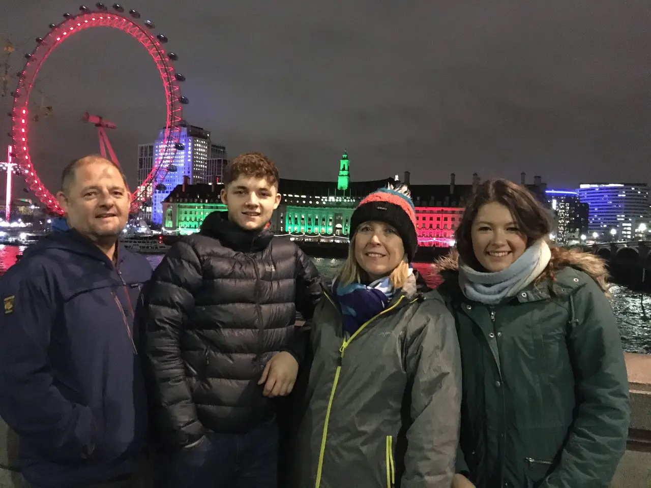 Family Christmas in London. Ella and her family standing in front of the London Eye at night