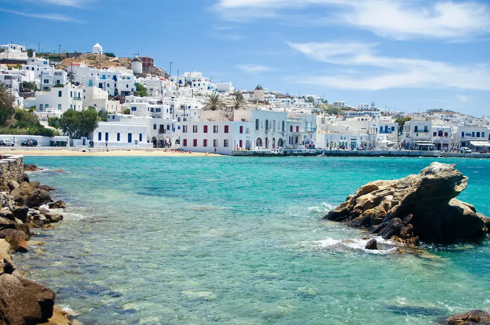 Bay of Mykonos, reached  on a private boat tour from Paros.