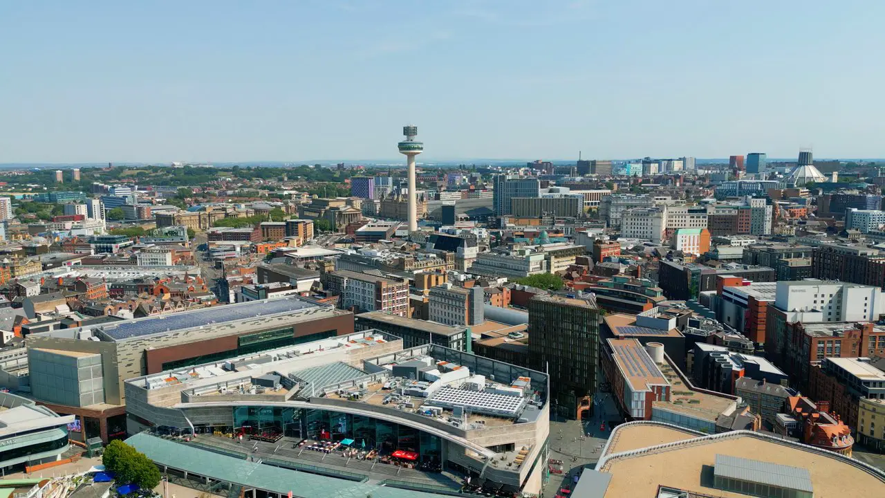 Drone photo over Liverpool city centre showing St John's Beacon