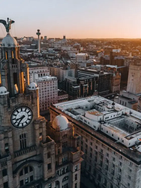 Liver Building at sunrise with the Liverpool skyline in the background