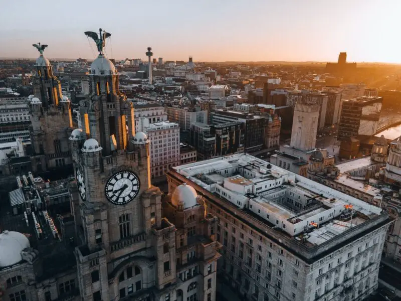 Liver Building at sunrise with the Liverpool skyline in the background