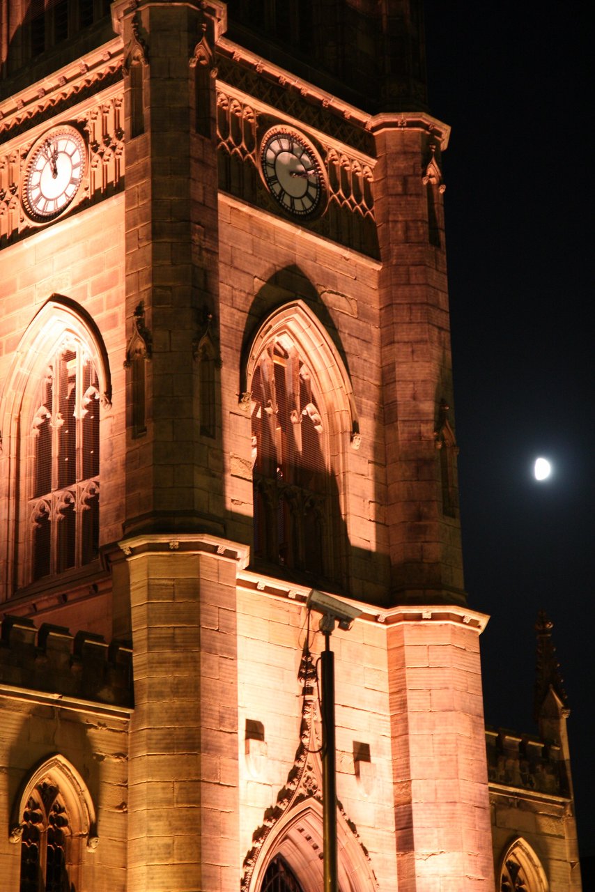 Liverpool Anglican Cathedral lit up at night on Halloween