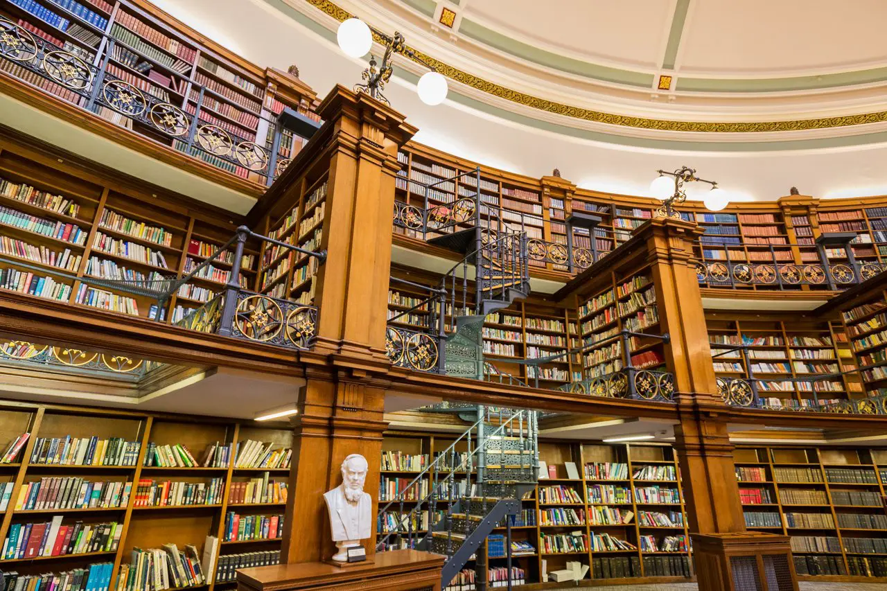 Liverpool central library - three floors of books stacked on wooden shelves