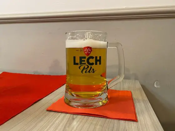 A glass of Lech Pils beer in a bar in Wroclaw, Poland. The legal drinking age in Poland is 18.