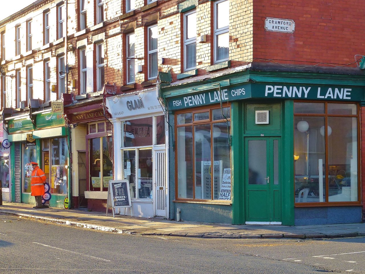 Penny Lane Street showing terraced shops