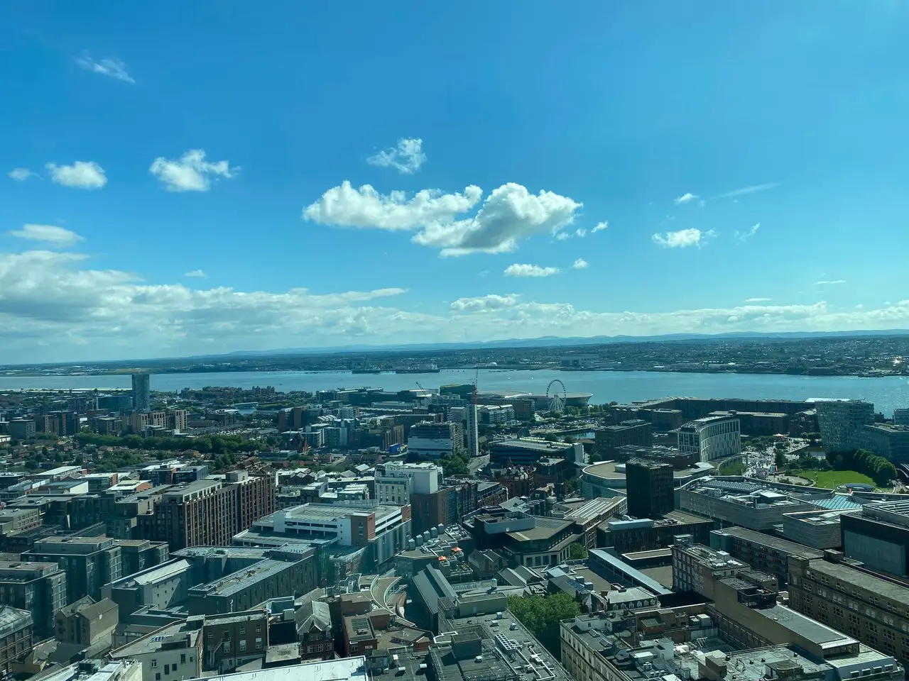 Aerial view of Liverpool showing famous landmarks like the River Mersey