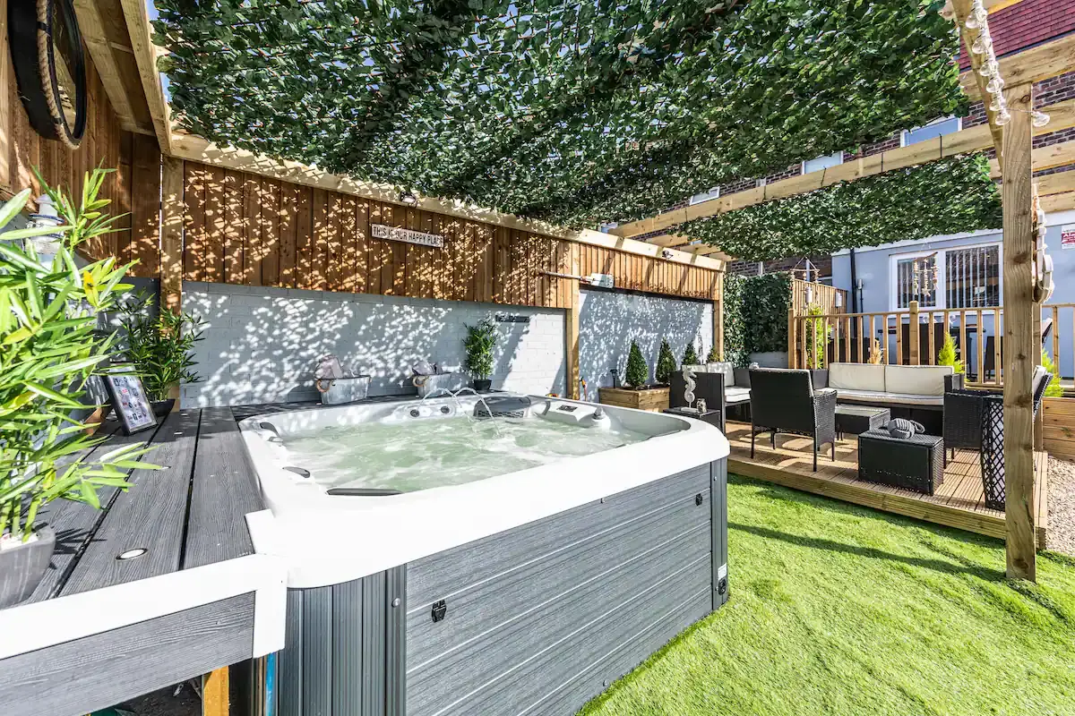 Outdoor hot tub at a party apartment in Liverpool