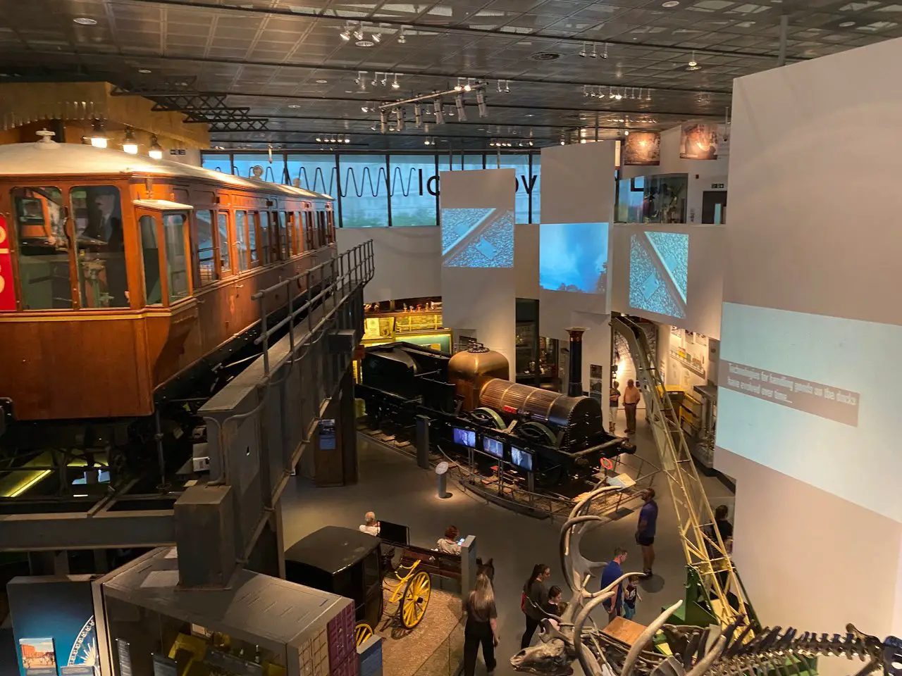 Interior of Museum of Liverpool at the exhibition about the former Liverpool Overhead Railway. One of the former carriages is suspended from the ceiling