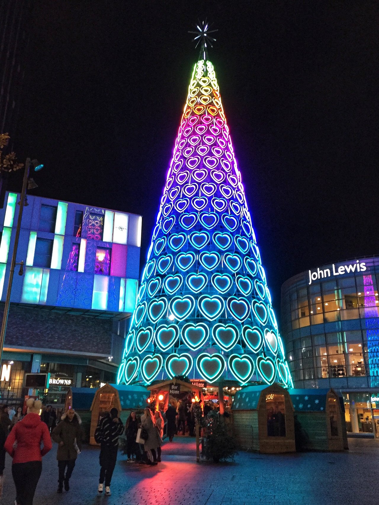 Large multicoloured Christmas tree made up of LED-lit heart shapes at Liverpool One shopping centre.