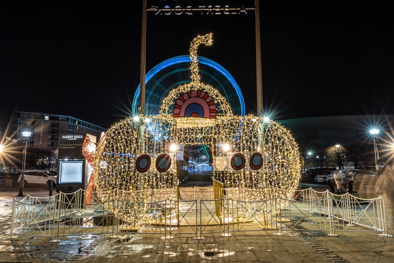 Yellow Submarine made up of Christmas lights in Liverpool