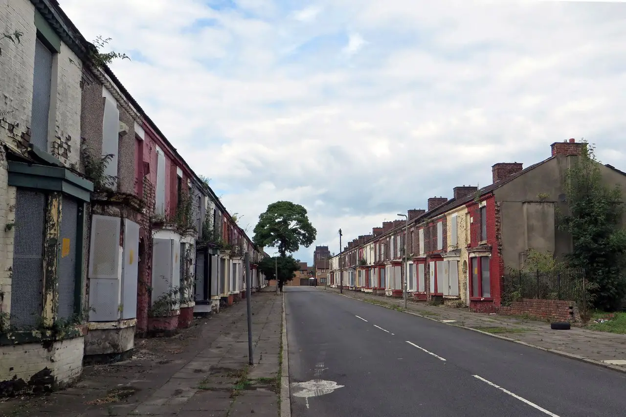 Run-down and abandoned street of terraced houses in Toxteth, a suburb of Liverpool.