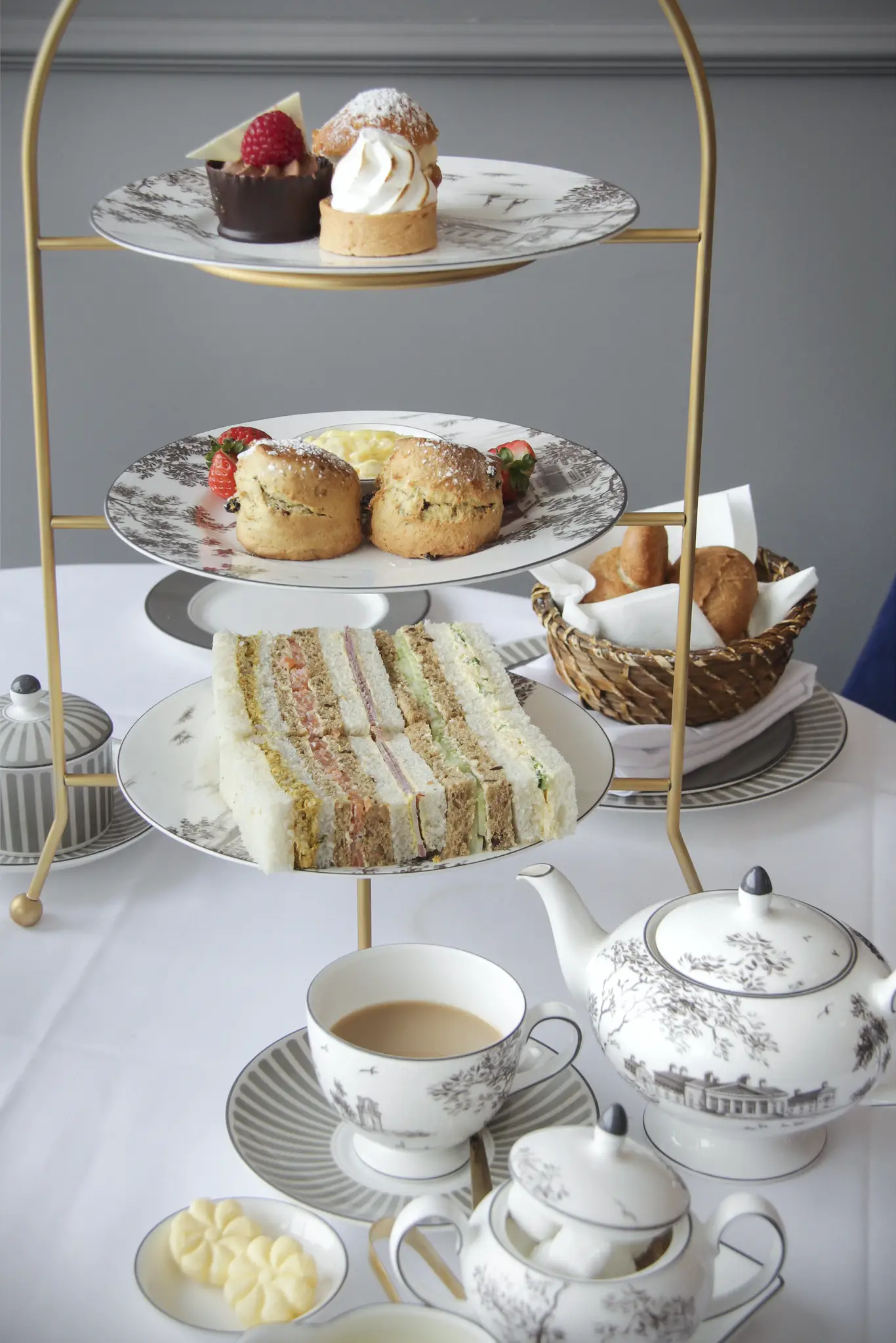 Traditional British three-tiered Afternoon Tea and scones